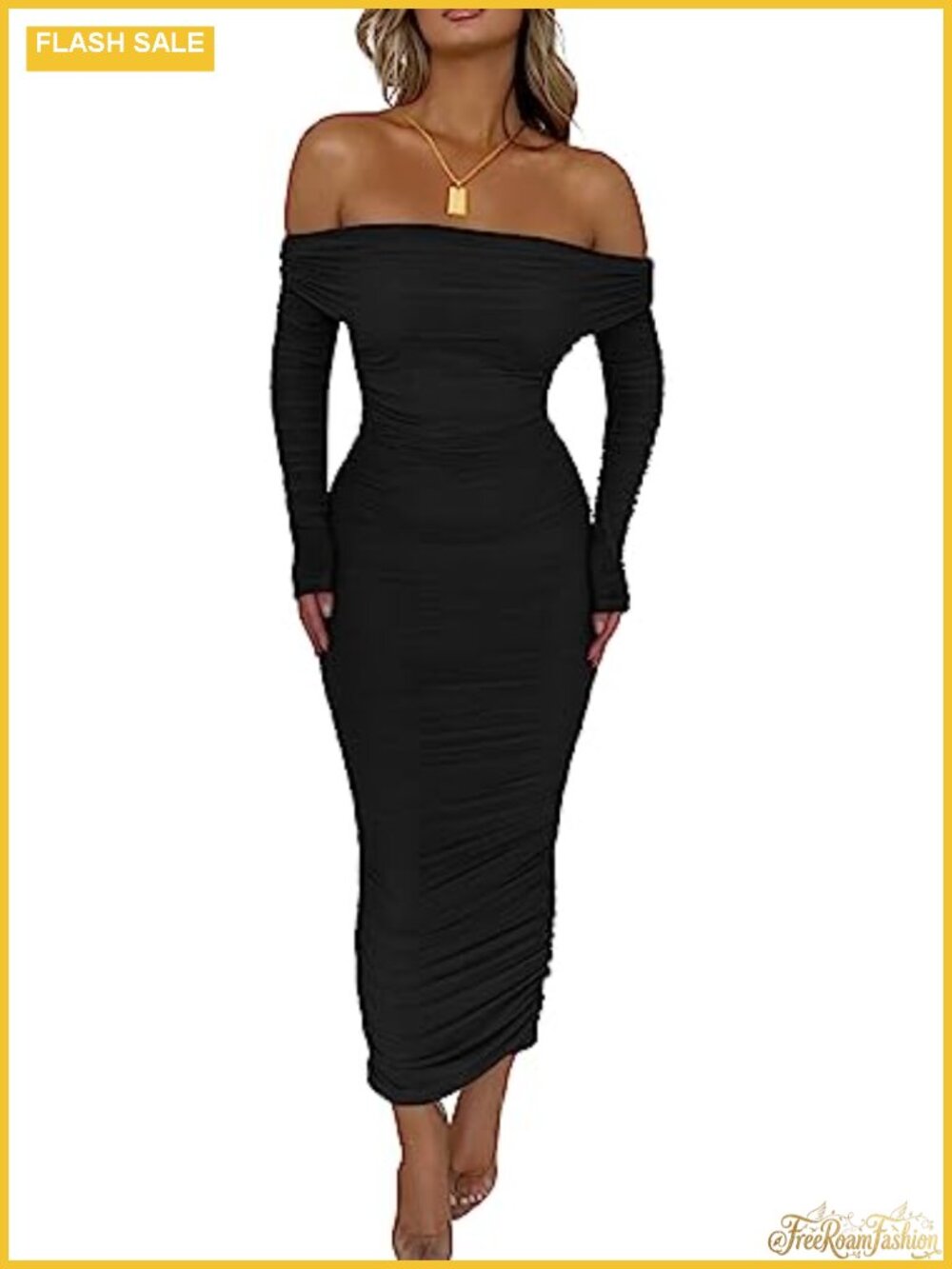 Off Shoulder Bodycon Maxi Dress with Ruffle Long Sleeve High Waist Slit Open